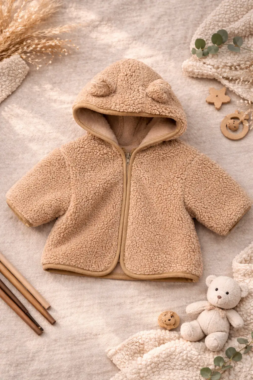 Erkek Bebek Bej Peluş Mont 0-3 Ay – Yumuşak Dokulu Kapüşonlu