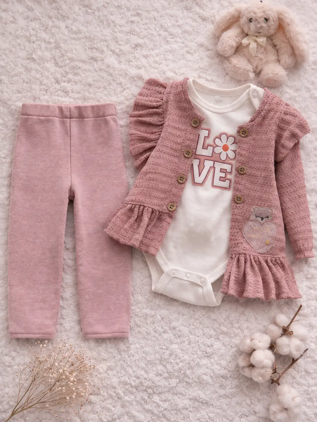 Kız Bebek 3’lü Takım Hırka – Body – Tayt Set