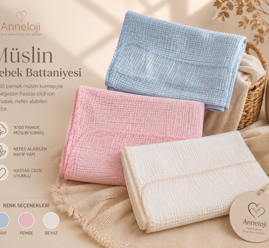 Müslin Bebek Battaniyesi – Mavi / Pembe / Beyaz