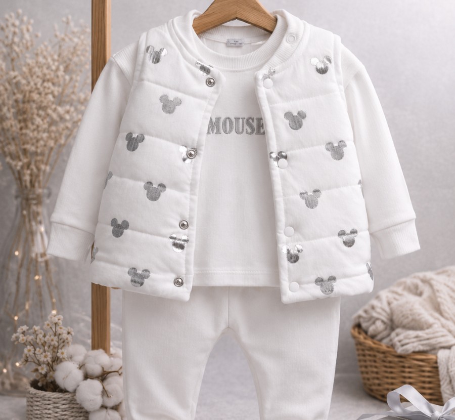 🩶 Mickey Desenli 3’lü Yelekli Bebek Takımı